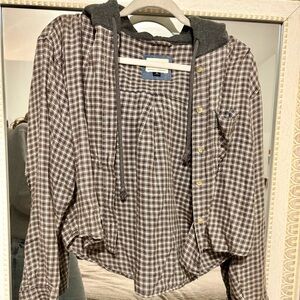 American Eagle Gray Plaid Hooded Button Up Shirt
